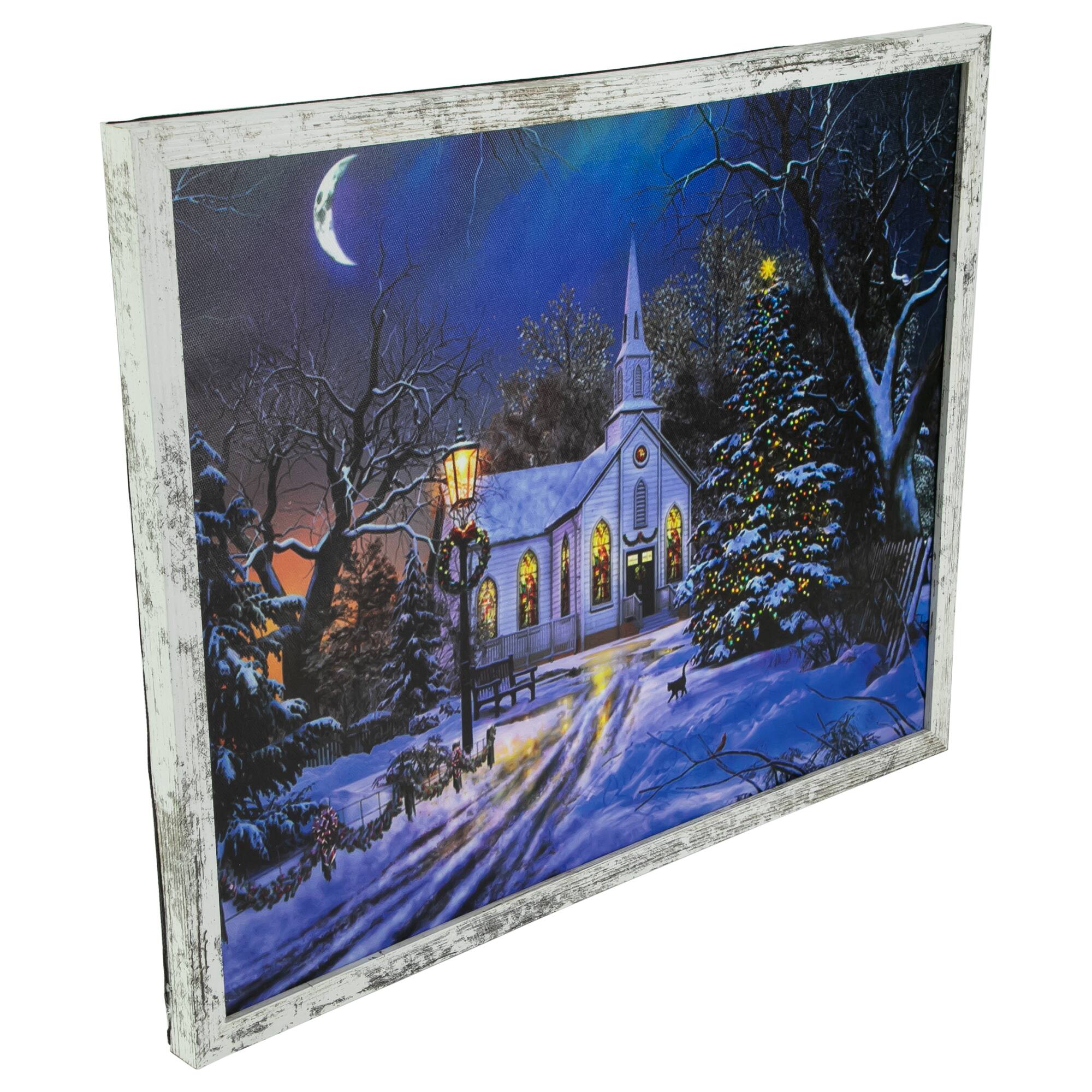 LED Lighted Church Framed Christmas Wall Canvas Art